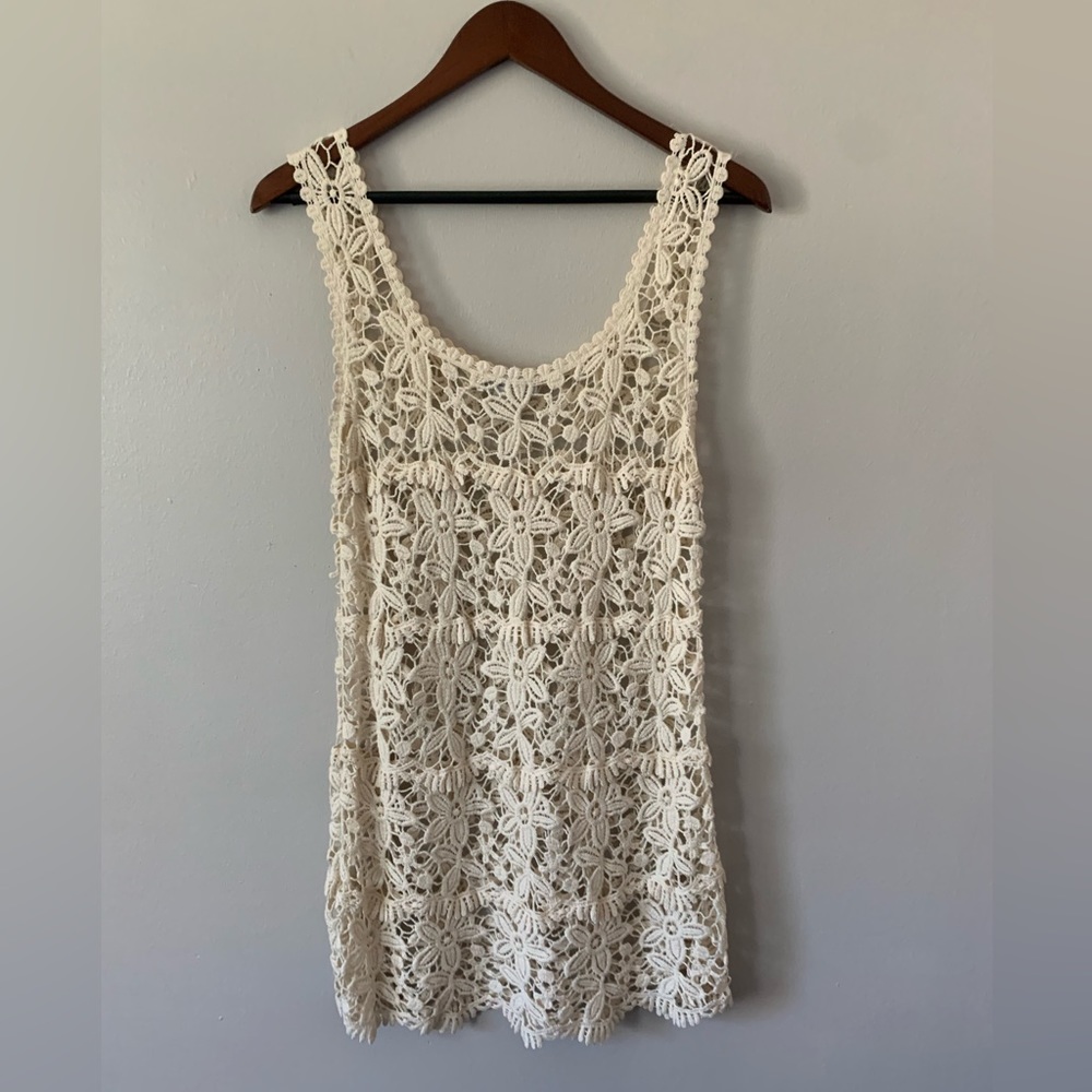 Solitaire Cream Crochet Boho Cottage Swim Coverup Sheer Dress Cotton Medium